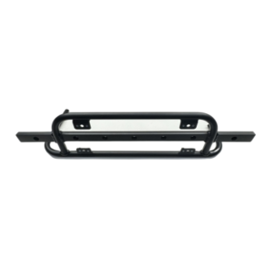 A black metal Nerf Bar with a rectangular design, featuring mounting holes and a bar for reinforcement on the left side.