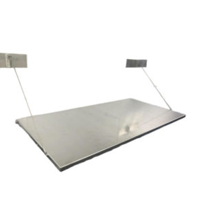 The KKP Wall-Mount Folding Table 30" x 58", a rectangular metal table, is supported by two wires and brackets, angled slightly upwards.