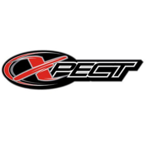 A black and red logo with the word "XPECT" in bold letters, featuring a stylized red "X" within an oval shape, as seen on the Decals - Xpect Nose Piece.