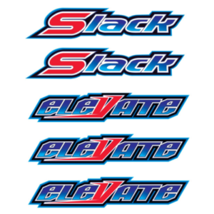 Five logos with the words "Slack" and "Elevate" in stylized fonts. "Slack" is in red and blue, and "Elevate" has a blue base with a red "V".