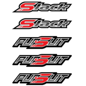 Image featuring two versions of the "Slack" logo in stylized text, followed by three iterations of the "Pursuit" logo, with one letter replaced by the number 3.