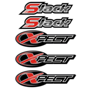 Four logos displayed: two with the word "Slack" in stylized fonts and two with the word "XPECT" in a different stylized font, featuring a red and black color scheme.