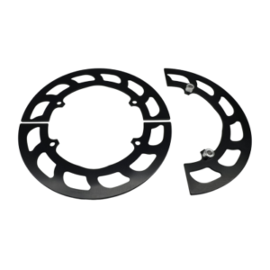 A disassembled black circular metal component with curved cutouts, consisting of one large ring and one smaller arc-shaped piece with bolts, from the Gear Guard - 4-Spoke Sprocket Hub - 8.5".