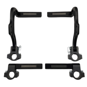 Product Name: Four Billet Aluminum Pedal Assemblies 1" Rail WITH Heel Rests - TALL, featuring black metal clamps with adjustable arms designed for securing objects. These assemblies include screw locks and textured grip pads. The arms form a rectangular frame when assembled.