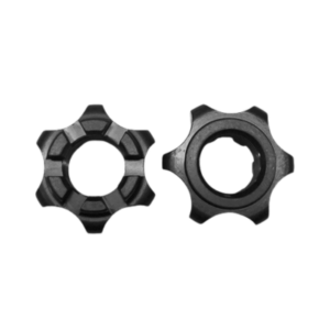 Two Spindle Nut Options in black metal, featuring hexagonal shapes with circular centers and six protruding edges, are shown from various angles against a white background.