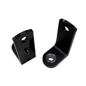 Two black metal brackets with circular holes and embedded bearings, positioned upright on a plain white background.