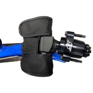 Close-up of a blue bike frame with a Caster L Bracket Snoop Cover and mounted bike accessory.