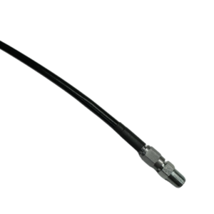 A close-up of a 33" Braided Brake Line with a metal connector at the end, set against a plain, white background.