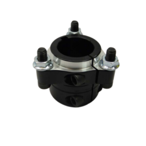 The Pro Ultralite Wheel Hub - Rear Double-Locking 5/16" in black and silver is a heavy-duty mechanical clamp with two bolts and screws, designed to secure cylindrical objects.