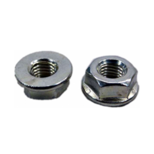 Two Flange Nuts - Smooth 5/16”, one featuring a flange face and the other a serrated face, are placed side by side on a plain background.