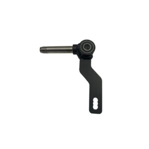 The SLACK Left Front Spindle Options is a black metal bracket with a cylindrical rod attached, featuring a mounting hole and a threaded end.