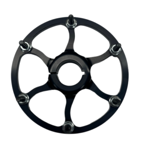 A black Sprocket Hub - Standard 1-1/4" Clamp-On, featuring a circular design with five evenly spaced bolts around the perimeter and a central hole.