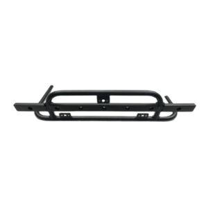 The Nerf Bar - Left Side Short Solid Nerf Bar with Weight Bar features a black metal bumper with mounting holes and brackets designed for vehicle attachment, along with a horizontal and curved tube structure.