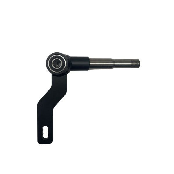 Image of the SLACK Right Front Spindle Options, featuring a metal mechanical part with a cylindrical rod extending from a pivoting joint connected to a flat, perforated bracket.