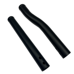 Two black cylindrical metal rods from the "Steering Post Options" collection: one straight and one curved, each featuring drilled holes on one end.