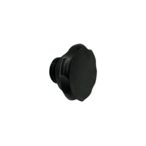 A black, round, and grooved plastic screw cap with a flat top, known as the Clone Billet Front Oil Fill Plug (Clover Style), designed for sealing containers or bottles.