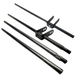 Four black metal rods from the "Steering Shaft Options - Standard" collection, featuring varying lengths and designs, with some having threaded ends and others equipped with brackets, arranged on a white background.