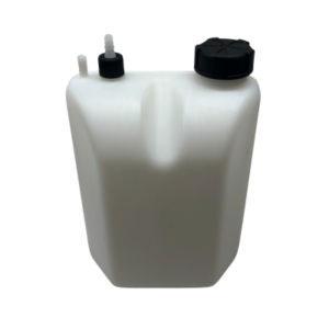 A white rectangular plastic container with a black screw cap and two smaller capped nozzles on the top, identified as the Fuel Tank - 3 Quart Plastic.