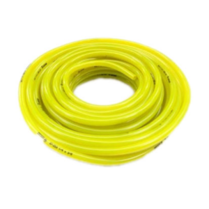 A coiled yellow Fuel Line - Tygon against a white background.