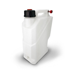 The Fuel Jug - 3 Gallon Plastic features a white body with a black and red cap, and it has a molded handle for easy carrying.