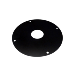 A Flywheel Housing Cover - Clone & Animal, featuring a round black metal plate with a central hole and three smaller holes equally spaced near the outer edge.