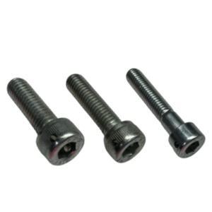 Three Drilled Header & Carb Bolts of varying lengths are arranged in a line on a plain white background.