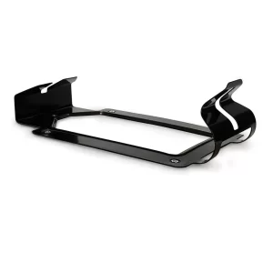 The Fuel Jug Floor Mount is a black metal bracket featuring a rectangular central opening, specifically designed for mounting purposes.