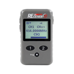 The Racing Electronics Receiver Pro is a handheld device that displays "REceiver" at the top of its screen, with the screen showing "CH1 CH321 454.0000MHz CSQ" and two buttons labeled "1" and "2" positioned beneath it.