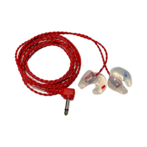 Racing Electronics Receiver Pro featuring a red coiled earphone cable, attached transparent custom-molded earpieces, and a 3.5mm jack connector.