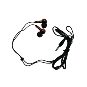 A pair of Racing Electronics Receiver Pro wired in-ear headphones, featuring a 3.5mm audio jack and a tangled cable, in black and red colors.