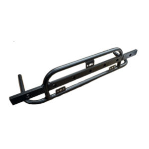 A black metal Nerf Bar - Short Solid Left Side Weighted Nerf Bar with mounting holes and a weight bar, designed for attachment to fitness equipment or machinery.