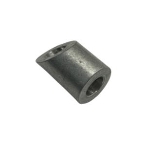 A cylindrical metal connector designed with a diagonal cut and featuring two holes, one on the top and one on the side, known as the Wedge w/o Hex - Pursuit & Elevate.