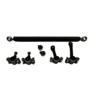 The Seat Bar Kit - Clamp On, featuring a black and silver finish, consists of a horizontal rod, four clamp components, and two small cylindrical parts, all arranged on a white background.