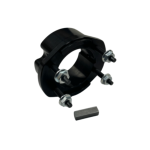 A 50mm Mini Precision 4 Spoke Gear Hub in black, featuring four attached bolts and nuts, and including a separate rectangular metal piece.