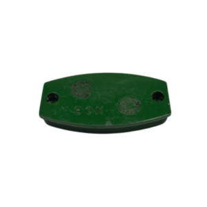 A small, green, oval-shaped MCP Replacement Big Green Brake Pad for Titanium Rotor with two holes and the text "SOS" engraved on its surface, viewed from above.