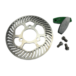 The Titanium Rotor Kit for Mini-Lite System, featuring a silver brake disc rotor, a green and gray brake pad, and three small screws, is arranged on a white background.