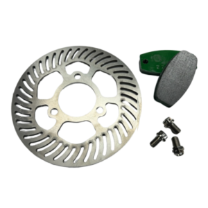 A Titanium Rotor Kit for Lightweight System, featuring a metal brake rotor and pad with three screws, is set against a plain background. The brake pad boasts a distinctive green and grey color.