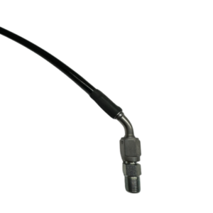 A 32" Elevate Braided Brake Line with an angled end connected to a black hose.