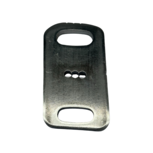 The Weld on Caster Plate - Left Side for Elevate Chassis is a rectangular metal plate with rounded edges, featuring three circular holes in the center and two elongated oval holes on either end.