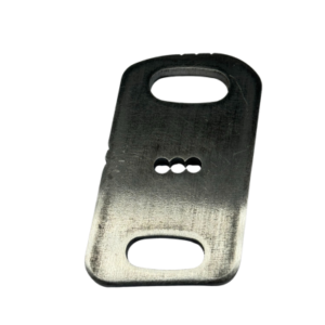 A silver-colored, rectangular metal object with rounded edges and three holes in the center is the Weld on Caster Plate - Right Side for Elevate Chassis.