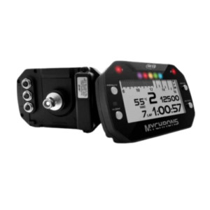 The Mychron™ 5 S Tachometer is a black and white digital racing dashboard display that provides various performance metrics, including speed, RPM, laps, and a timer.