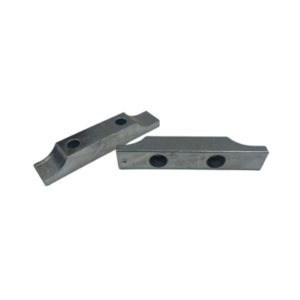 Two rectangular metal parts with curved ends and holes are placed against a plain white background.