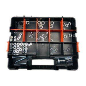 An open plastic organizer box from the Hardware Kit - Basic, containing various bolts, washers, and small hardware items neatly arranged in compartments.