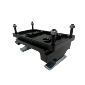 American Motor Mounts with Steel Clamps is a black mounting bracket, equipped with four bolts and two metal clamps, designed for securing objects.