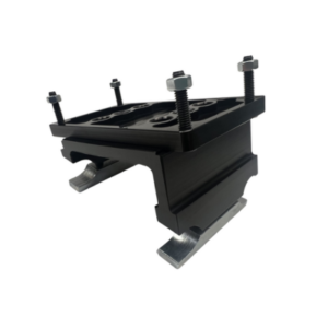 The International Motor Mounts w/ Steel Clamps, a black adjustable mounting bracket with three bolts on top and two curved metal supports at the base, featuring sturdy metal fasteners, isolated on a white background.