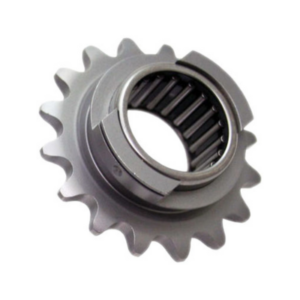 A metal cog or gear with evenly spaced teeth and a central bearing.