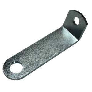 The Throttle Linkage Long Bracket is a metal L-bracket with two circular holes, one on each end, used for mounting or support.