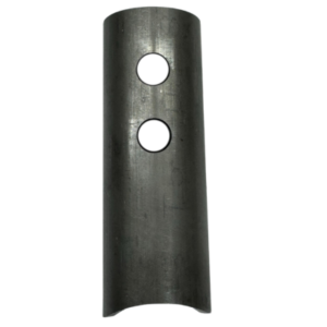 A Weld On Steering Post Upright featuring a cylindrical metal piece with two vertically aligned circular holes in the center.