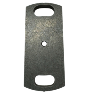 The product, Weld On Steering Post Upright, is a rectangular gray metal plate with rounded ends, featuring two oval-shaped slots near the top and bottom edges, and a small circular hole in the center.