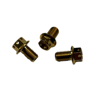 Three titanium hex head bolts, each with a drilled center and measuring 1/2 inch long for brake rotors, are positioned against a white background.